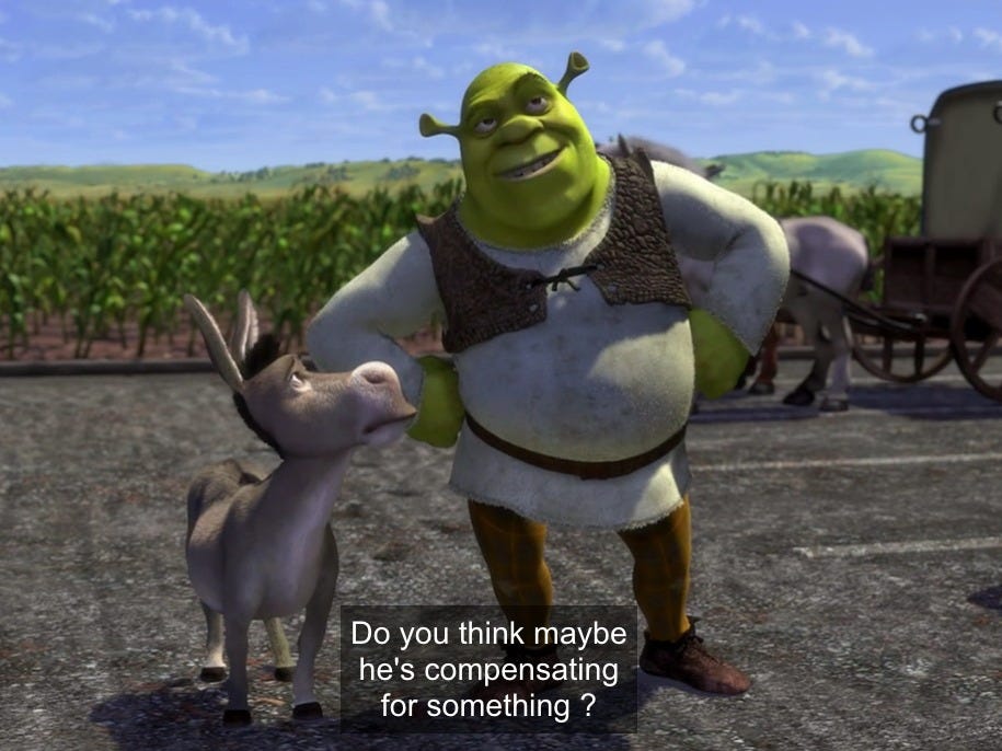 Captioned still from the movie Shrek at the moment in which the title character, commenting on Lord Farquad's castle, comments to Donkey, "Do you think maybe he's compensating for something?"