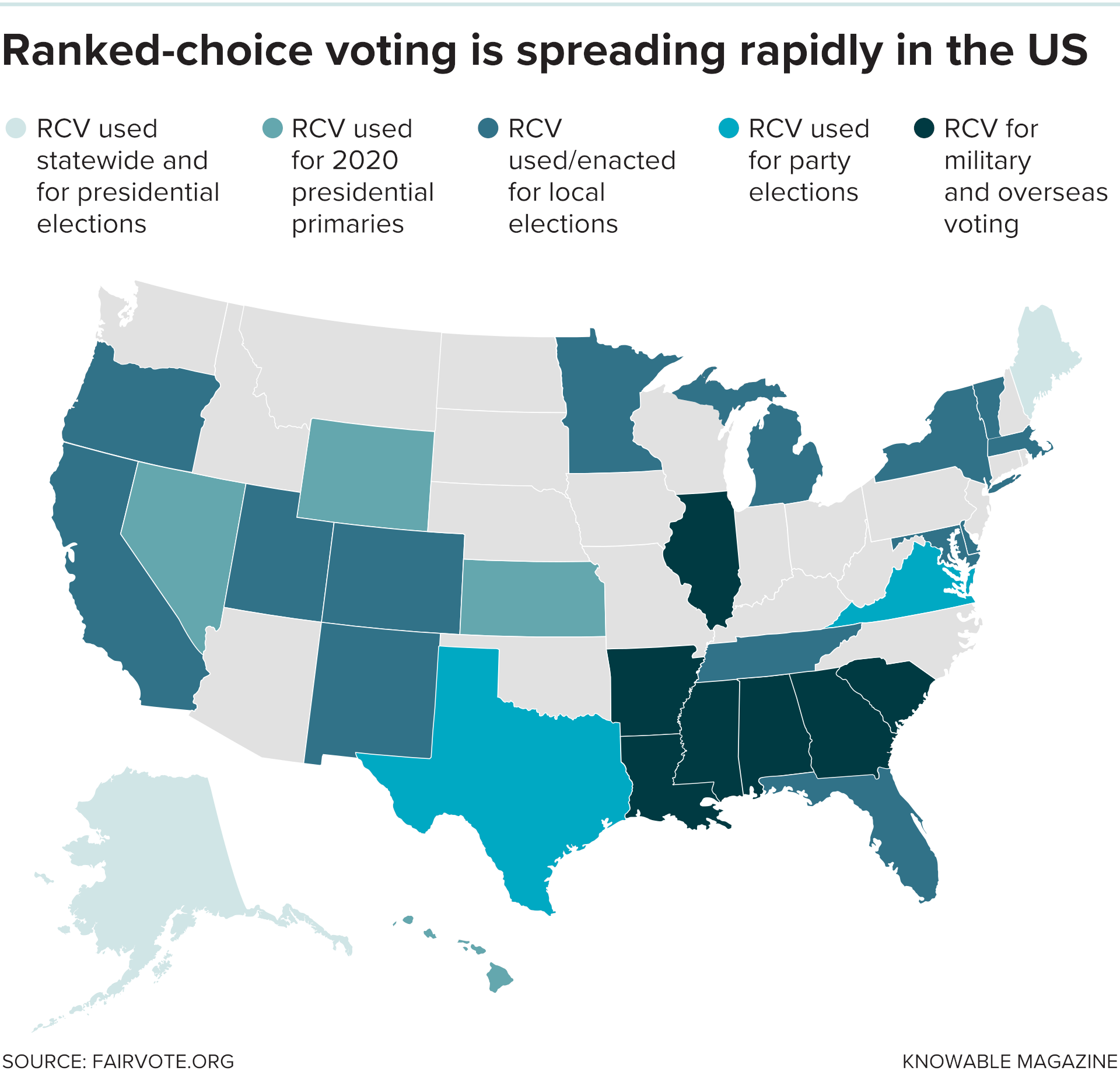 Map showing states in which ranked choice voting is used